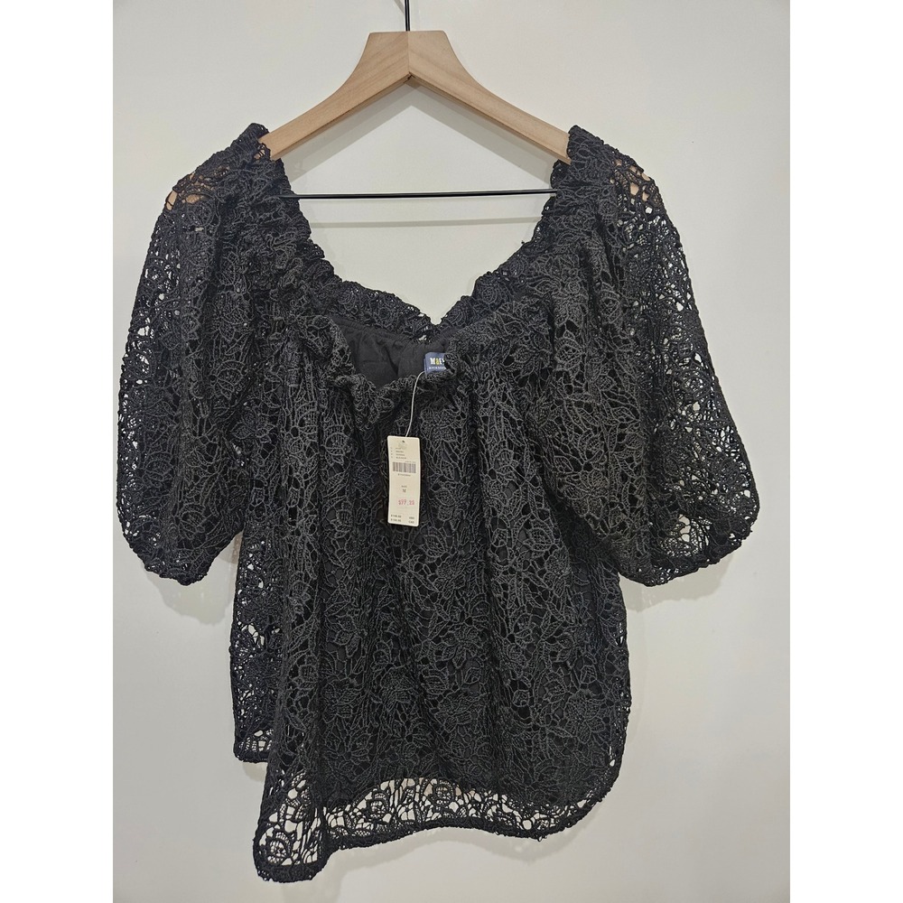 Maeve Anthropologie Black Lace Off Shoulder Puff Sleeve Top Blouse NWT Medium